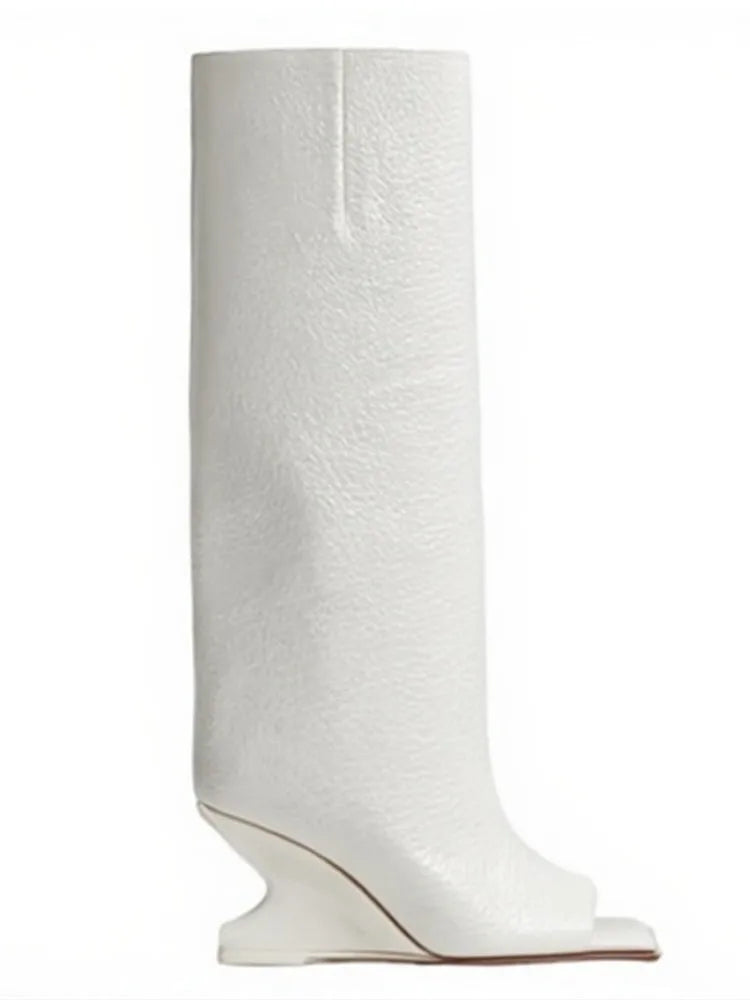 2026Women's Spring and Autumn New Style Square Toed High Heels Knee Length Boots, Medium Length Toothed Cool Boots, Oversized Boots