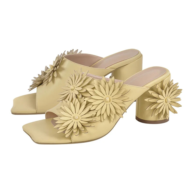 Women Square Toe Flower Mules Chunky Heels Slip On Summer Sandals
