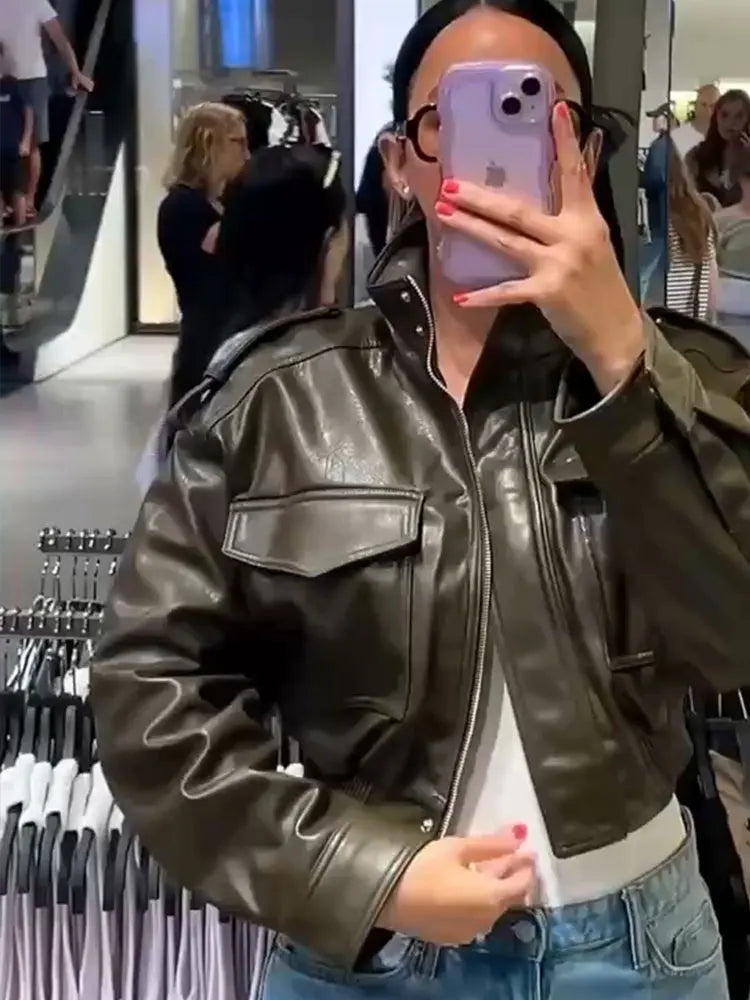 HH Autumn Women Fashion Solid Faux Leather Jacket With Front Pockets Long Sleeve Zipper Coats Vintage Motorcycle Leather Jacket