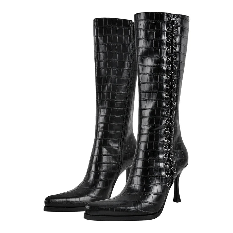 Women Pointed Toe Black Matte Knee High Boots  Stiletto Sexy  Kitten Heels Side Zipper Winter Boots