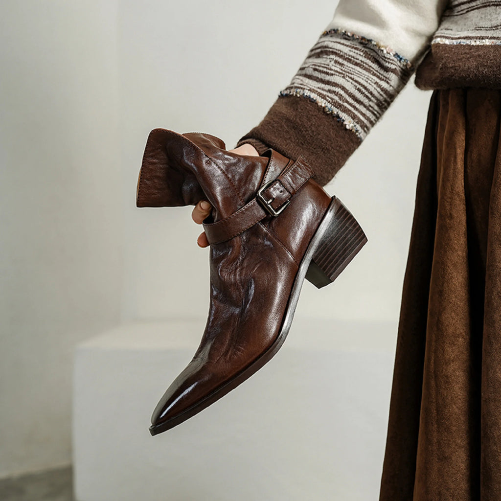 New Quality Women Handmade Genuine Leather Mid Heels Ankle Boots Sexy Square Toe Western Female High Boots 34-40