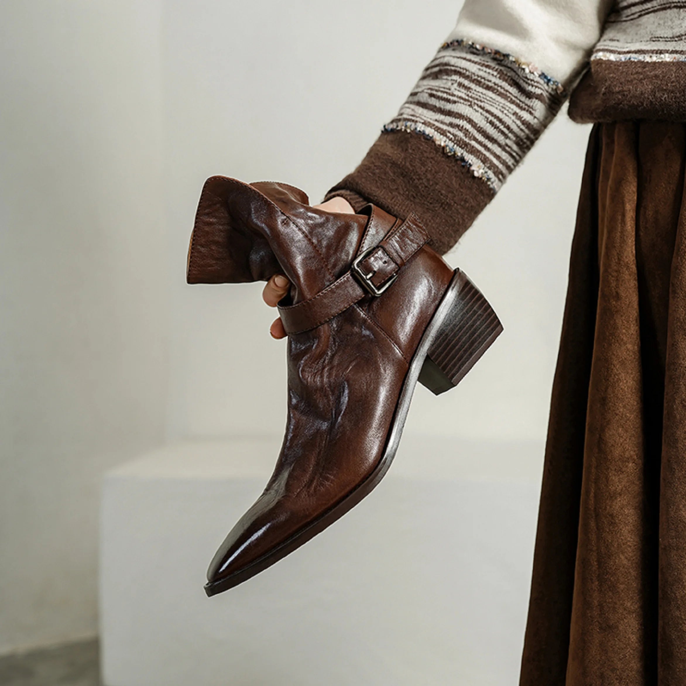 New Quality Women Handmade Genuine Leather Mid Heels Ankle Boots Sexy Square Toe Western Female High Boots 34-40