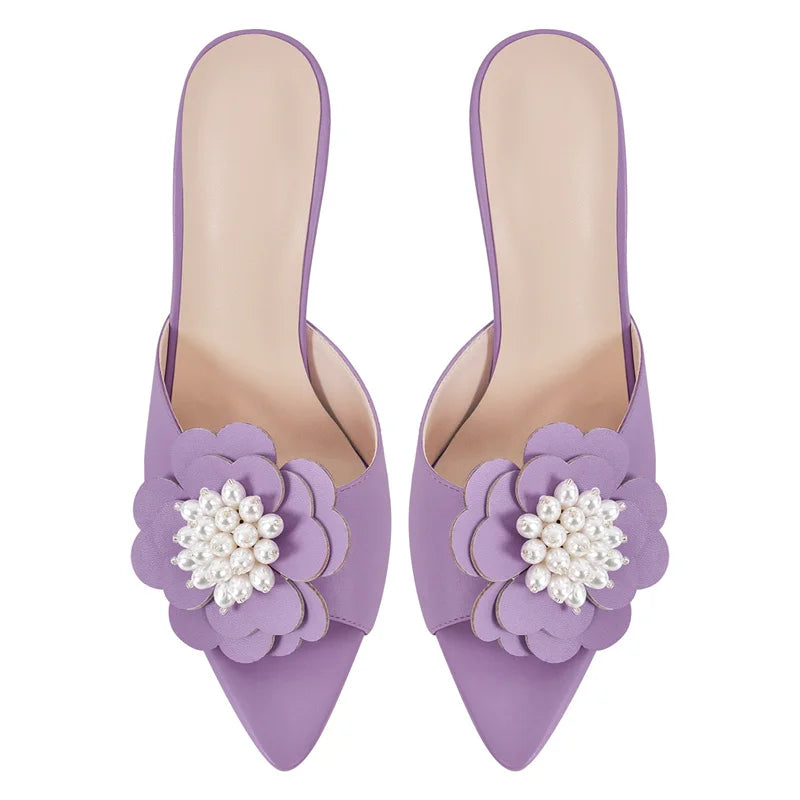 Women Peep Toe Mules Flower Pearl Pointed Toe Big Size Stiletto Mules