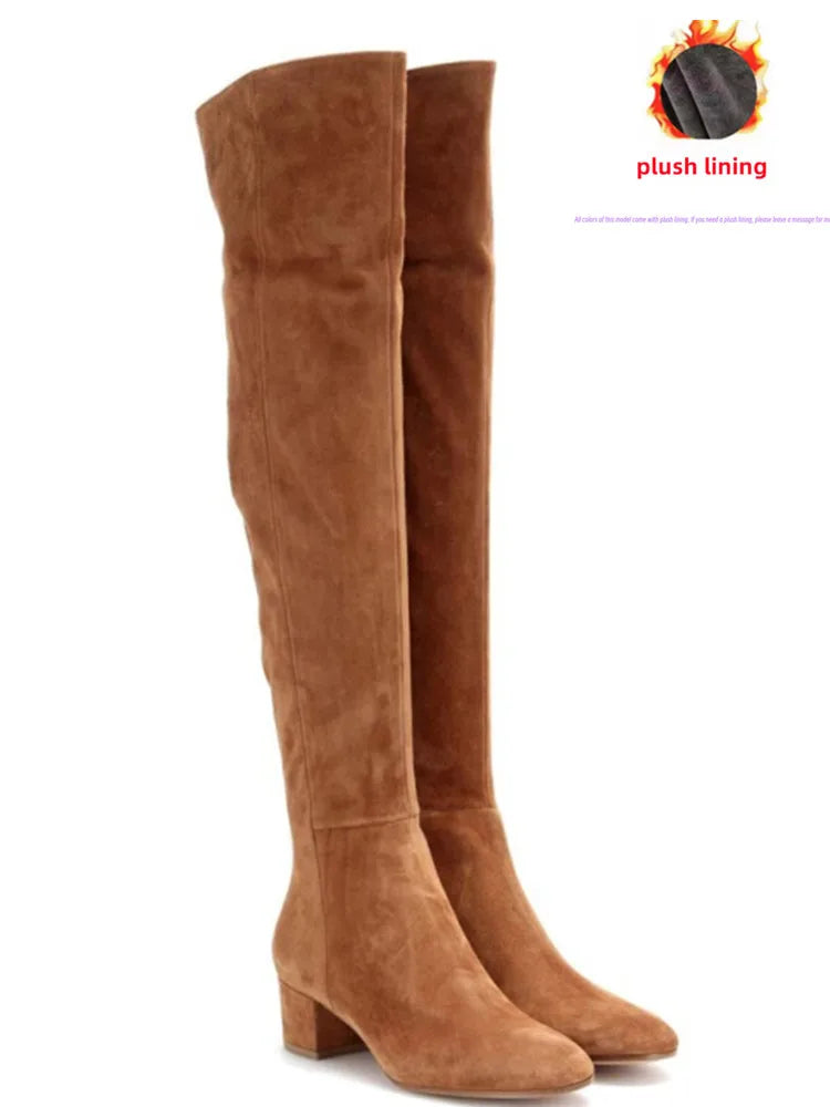 2025 Autumn and Winter New Women's Knee Over Boots Round Head Thick High Heels Side Zipper 34-46 Large Women's Boots