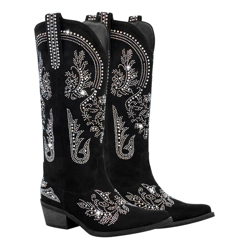 Women Pointed Toe Rhinestone Western Cowboy Boots Black  Female Wide Mid Calf Boots