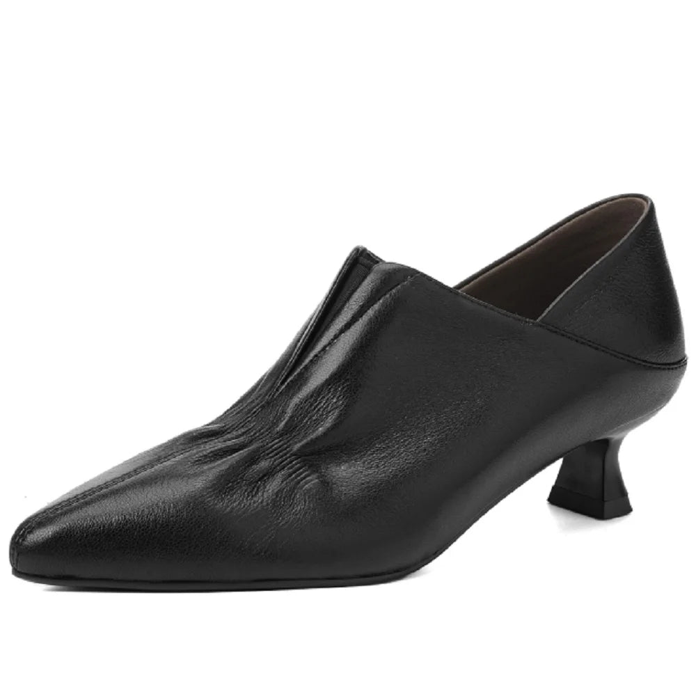 New Handmade Genuine Leather Soft and comfortable Women Retro Pointed Toe Shoes Mid Heels Loafers 34-40