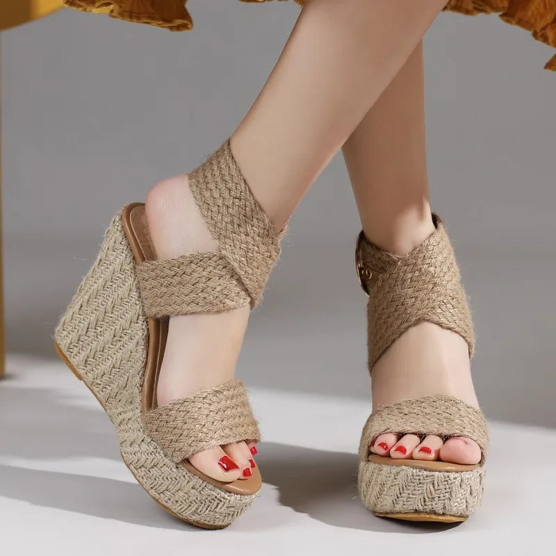 Large Size Platform Sandals Wedge Summer Shoes For Women Wedges High Heels Beige