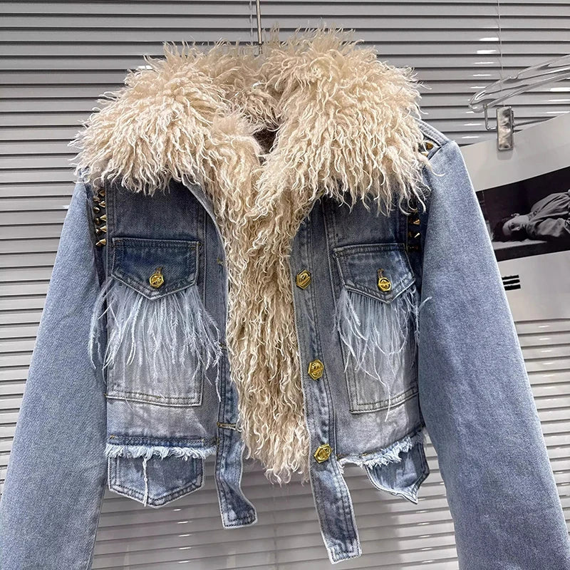 2026 Jeans Jacket Autumn New Fashion Vintage With Fur Rivets Cotton Lining Denim Jacket For Women High Waist Coat Female 11A07149