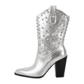 Onlymaker Women Pointed Toe Mid-Calf Boot Sliver Thick Heels Zipper Winter Plus Size Cowboy Boots