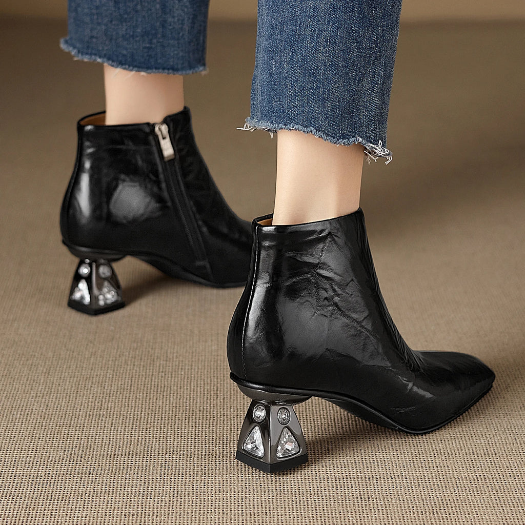 New Women Handmade Genuine Leather High Heels Zipper Boots Autumn Winter Square Toe Strange Heel Ankle Boot 34-40