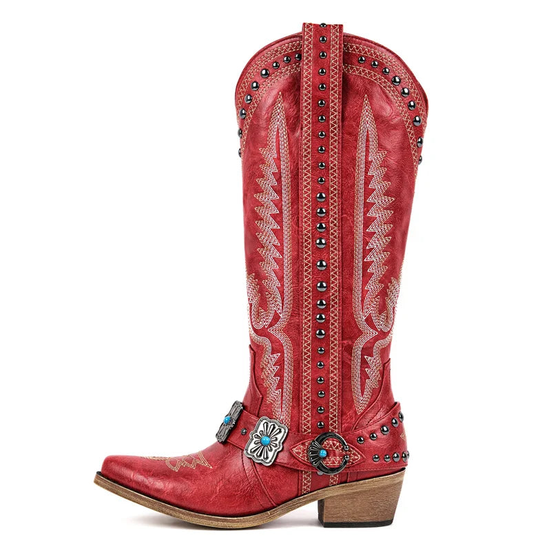 Onlymaker Women Floral Western Embroidery Cowgirl Boots Pointed Toe Side Zipper Knee High with Chunky Heel  Boots