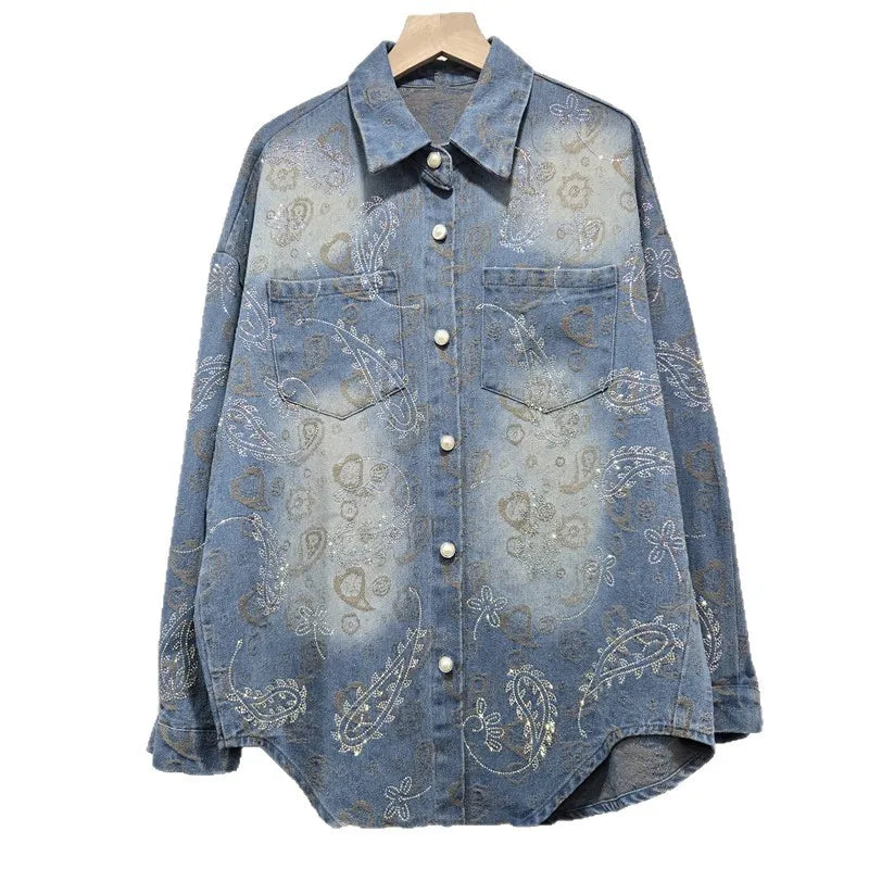 2026 Early Spring New Fashion Casual Regular Jacquard Rhinestone Denim Long Sleeve Shirt For Women Loose Style Top 11A08485