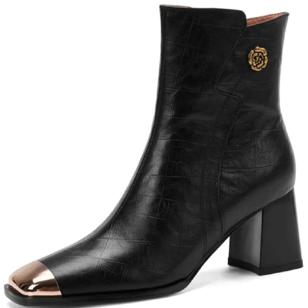 Women's Handmade Genuine Leather ort Boots Metal Square Head High Heel Autumn Winter Slim Fit Street Boots 34-40