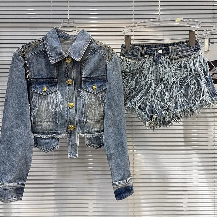 2026 Autumn New Street Style Heavy Industry Rivet Denim Jacket For Women Feather Beaded Wide-leg Shorts Female 11A06375