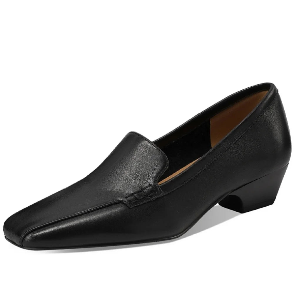 New Women Handmade Genuine Leather Soft comfortable Square Toe Med Heel Loafers Casual Mules Ladies Shoes 33-43