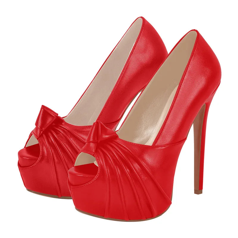 Women Peep Toe Platform Stiletto High Heeled Pumps Gold Knot Bow Style Sexy Shoes