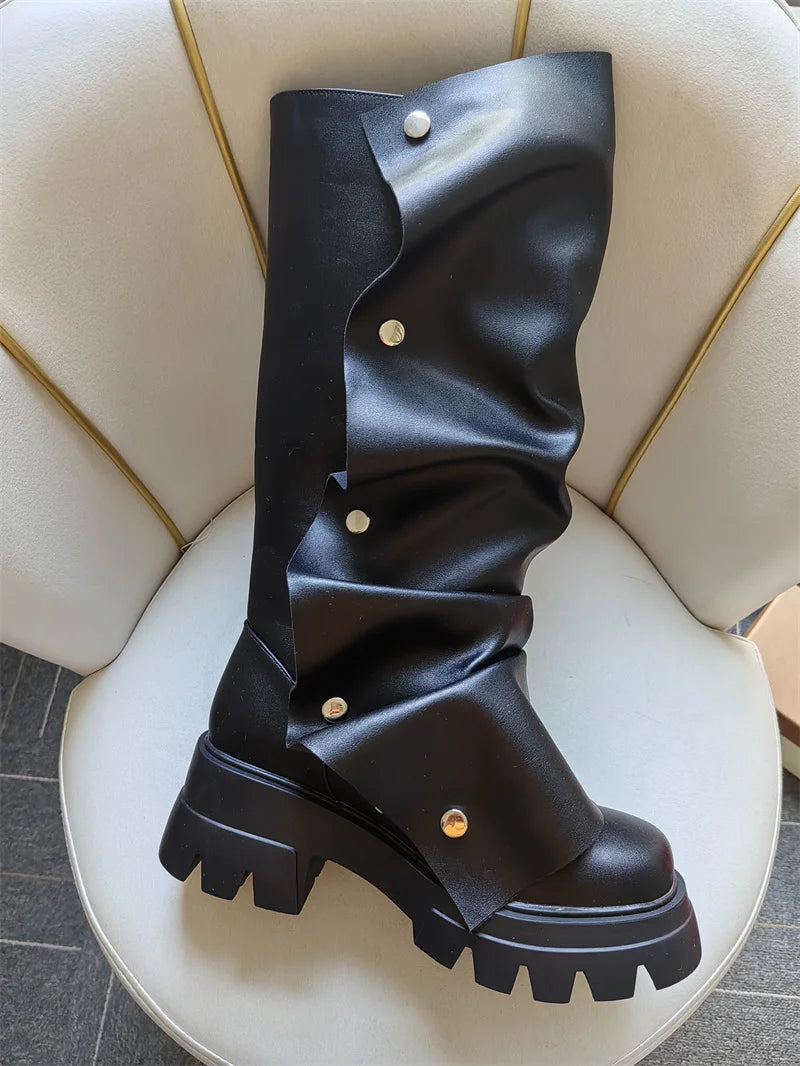 Onlymaker Women Platform Red Fold Over Boots Block Heel Round Toe Western Pull on Fashion Mid-Calf Female Boots