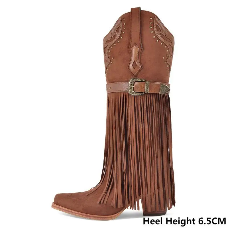 Onlymaker Women Pointed Toe Pull-on Knee High Fringe Boots Comfy Pull On Mid Calf Chunky Heel Embroidered Western Boots