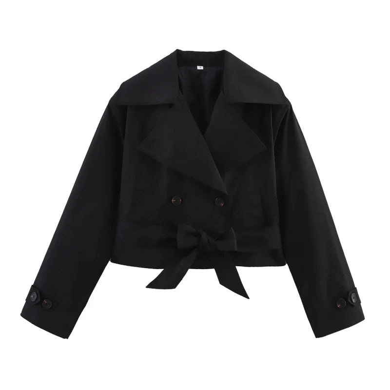 new  women's British wind trench coat style double-breasted long sleeve belt lapel jacket short coat