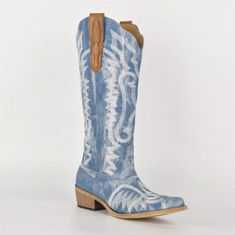 Onlymaker Women Denim Embroidery Knee High Western Boots Mid Calf   Cowboy Boots Retro Side Zipper Embroidered Western Boots