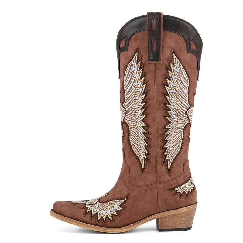 Western Cowboy Boots Toe  Embroidered  Block Heel Fashion Side Zipper Cowgirl Boots