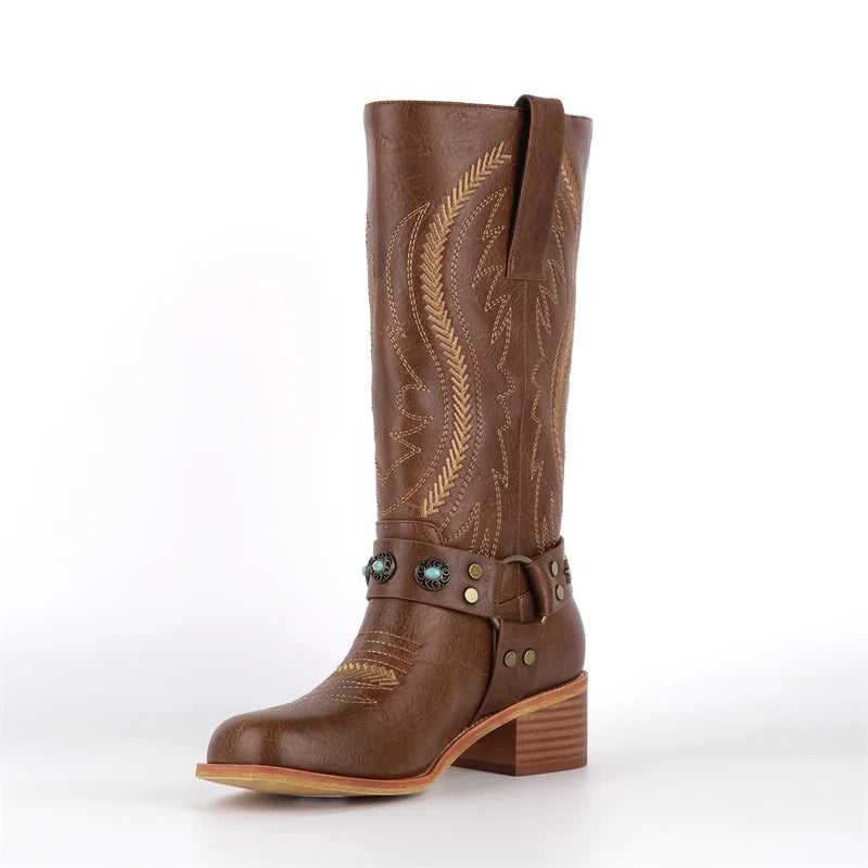 Onlymaker Women Round Toe Floral Western Embroidery Cowgirl Boots Pull On Knee High with Chunky Heel Embroidered Boots