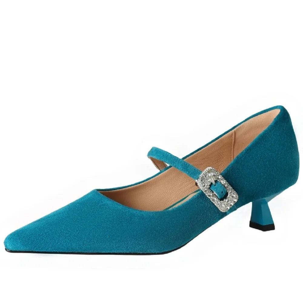 Women's Handmade natural suede Genuine leather metal buckle rivet Mid heel pointed toe dress shoes 34-40