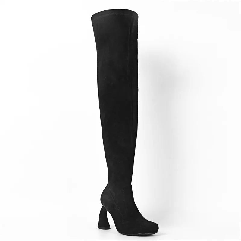 Onlymaker Women Square Toe Flock Over The Knee Boots Side Zipper  Shaped Heel Thigh High Boots