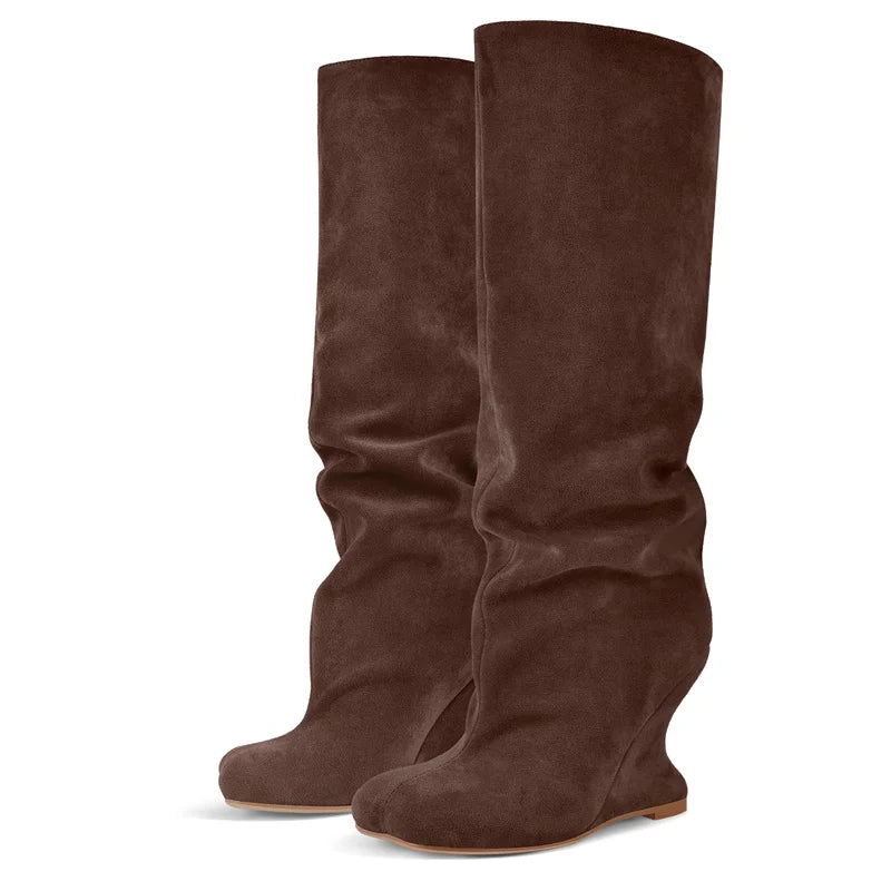 Onlymaker Women Peep Toe Wedge Flock Fashion Chunky Boots