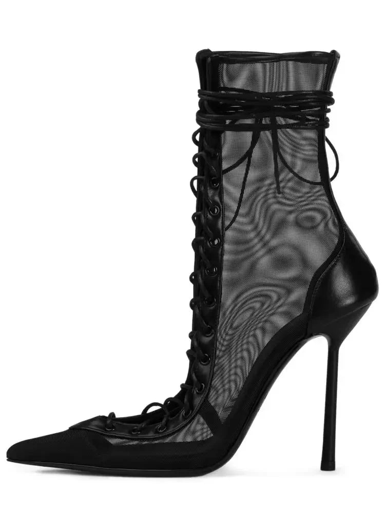 2026 Spring/Summer New Lace Short Mesh Cool Boots Side Zipper Banquet Slimming High Heels Sexy Knee Length Women's Boots