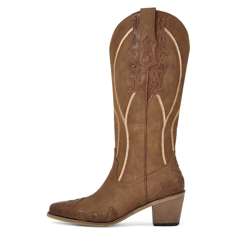 Onlymaker Women Pointed Toe Side Zipper Embroidery Flower Western Cowgirl Boots Chunky Heel Embroidery Cowboy Boots