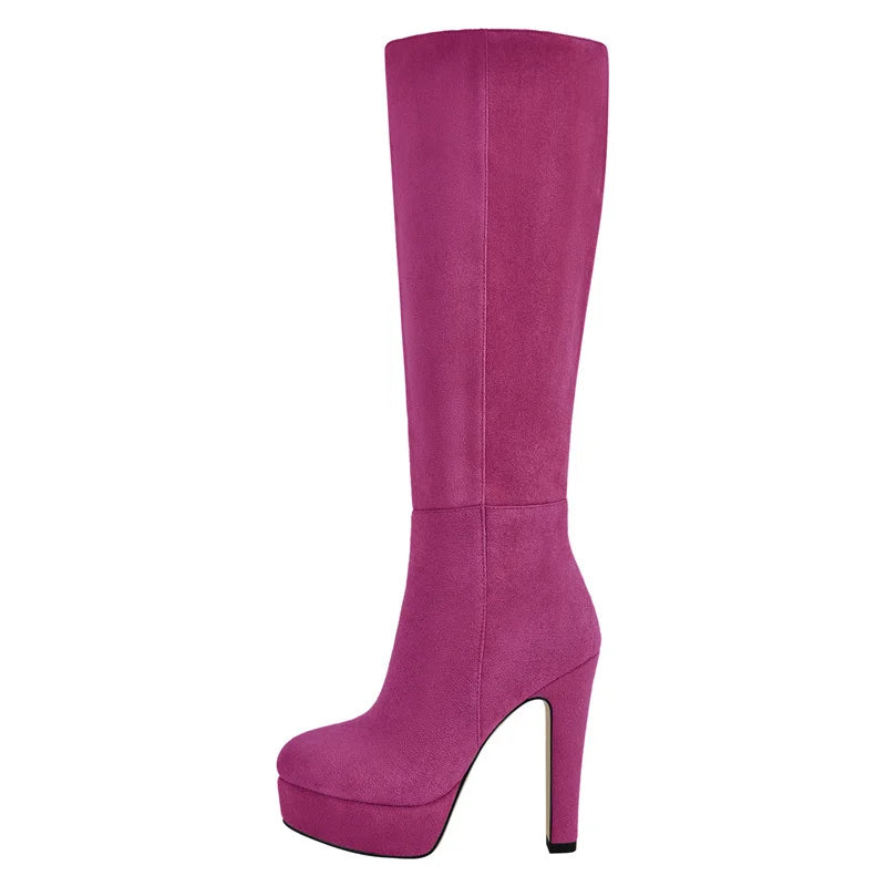 Onlymaker Women Round Toe Wide Calf Platform Knee High Boots Chunky Heel With Side Zipper Concise Tall Modern Boots