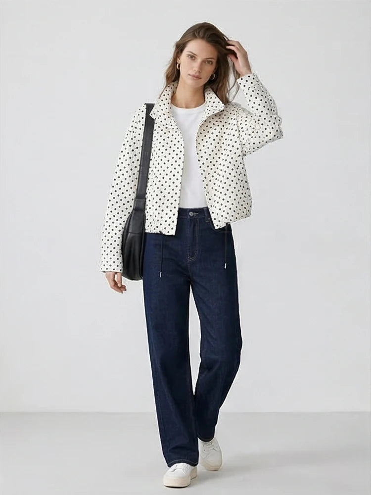 Women's Dot Jackets Fashion Lace Up Front Zipper Casual High Neck Long Sleeves Female Elegant Chic Lady Outfits