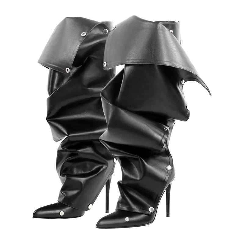 Onlymaker Women Pointed Toe Pleated Thin Heel Knee High Boots Back Zipper Fashion Buttons Stiletto Removable Boots