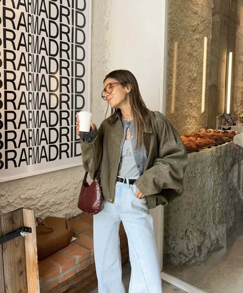 2025  Spring new women's suede texture effect Loose version of fashion lapel shoulder bomber jacket