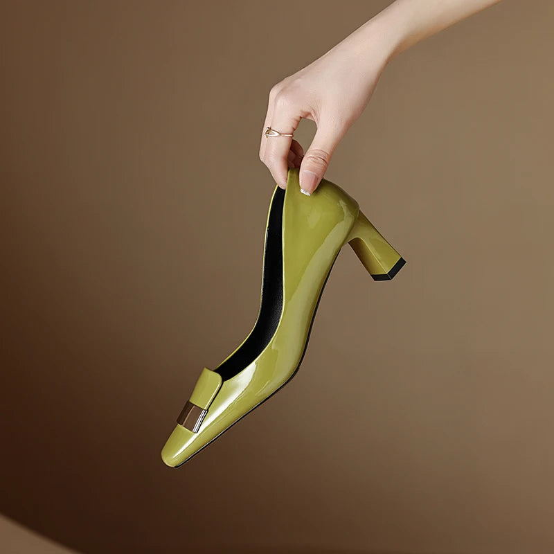 2026 Real Patent Sheepskin Leather Pumps For Women Square Toe Metal Dec Slip On High Heels Office Lady Dress Shoes