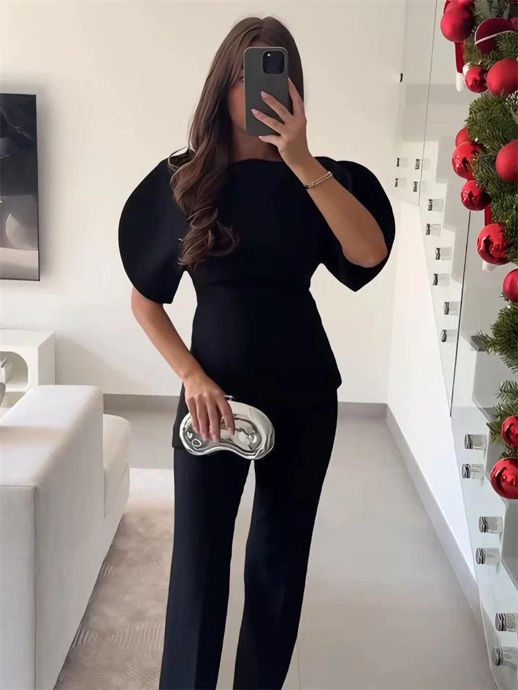 Black Knit Loose Pullover Sweater Female Short Sleeve Patchwork Commute High Waist Solid Top Clothes Women's Knitwear Top