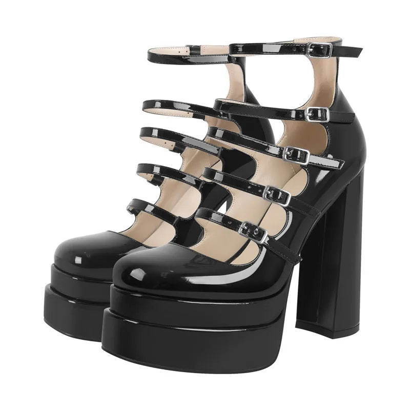 Women Buckle Strap Platform Pumps Black Patent Leather Cross-tied Square Toe Fashion Party Thick High Summer Heels