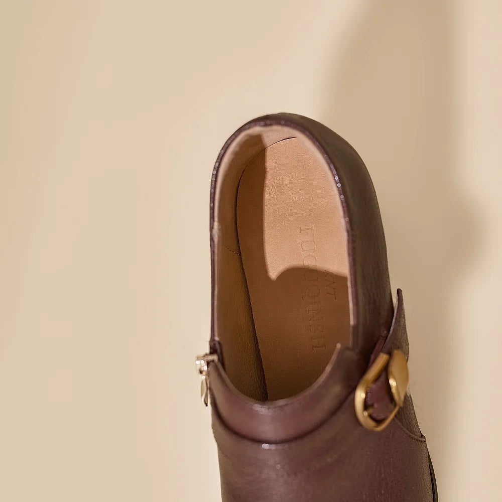 New Women Handmade Genuine Leather Round Toe Soft and comfortable Chunky Heel Loafer High Heels Ladies Shoe 34-40