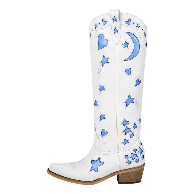 Onlymaker Women  Pointed Toe Knee High Western Cowgirl Boots Comfy White Stars Side Zipper Big Size  Cowboy Boots