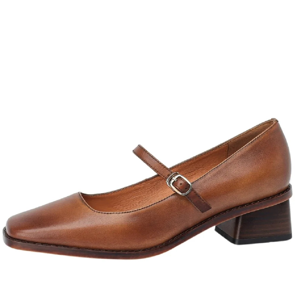 Handmade Genuine Leather Mary Jane Women's Shoes Retro Buckle Shallow Mid Heel Square Toe Zapatos De Mujer 33-41