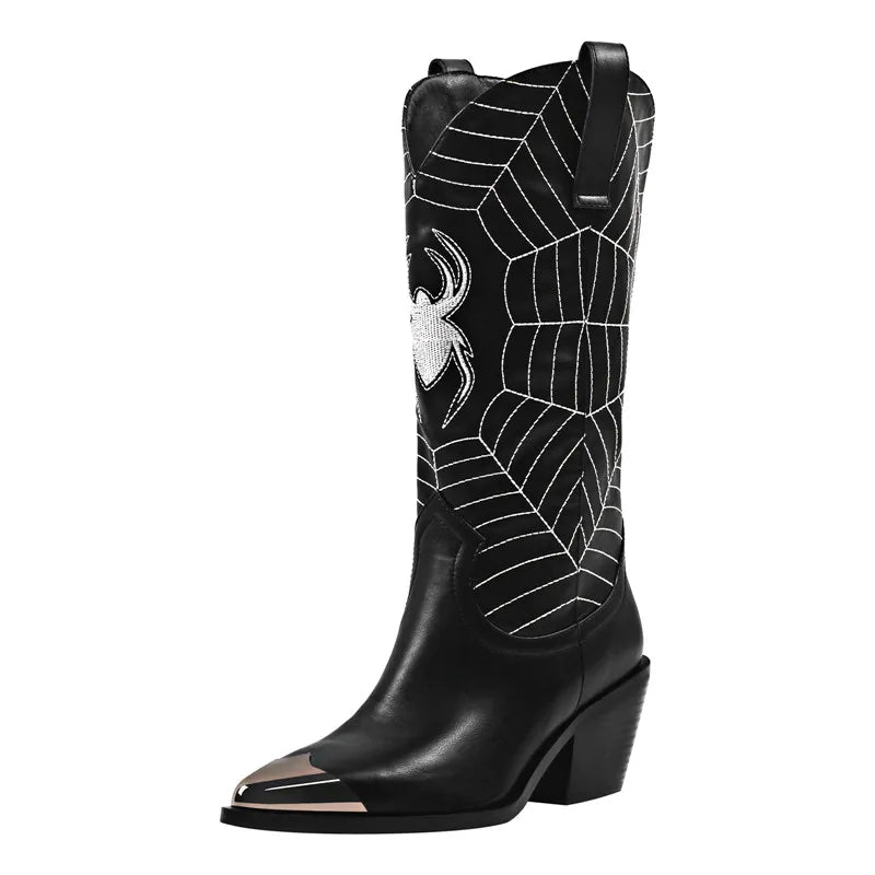 Women's Black Pointed Toe  Embroidery Spider Webs Metal Pointed Toe  Fashion Handmade Female Cowboy Boots