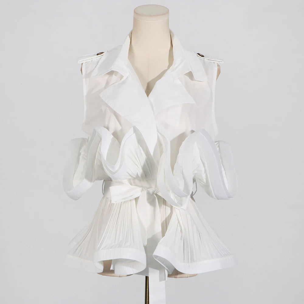 Solid Patchwork Folds Elegant Blouse For Women Lapel Sleeveless Tunic Temperament Spliced Belt Shirt Female Fashion Style