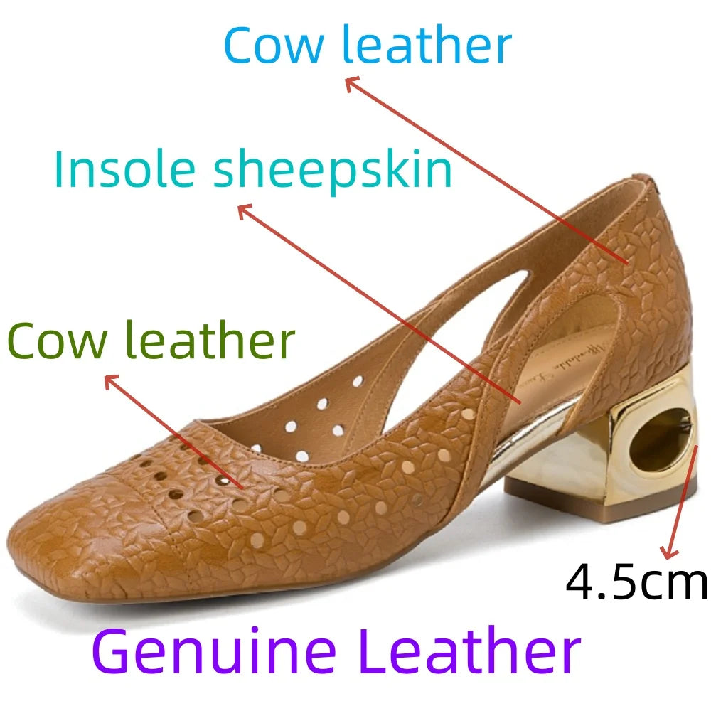 Women Concise Handmade Genuine Leather Square Toe Breathable and comfortable Mid Hells Office Lady Shoes 34-40