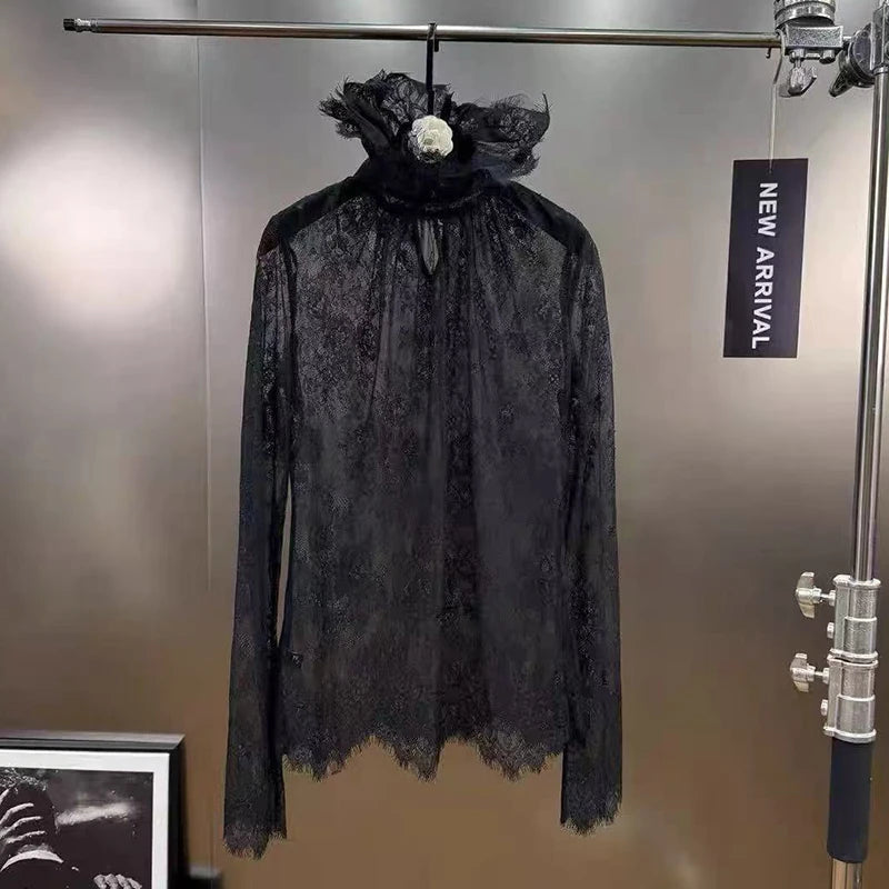 2026 Autumn Winter New Lace Style Black Stand Collar Long Sleeve Hollow Shirt For Women Versatile Blouse Female 1A1550