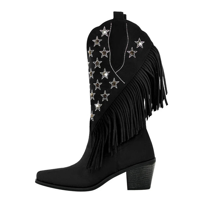 Onlymaker Women Pointed Toe Pull-on Knee High Fringe Cowgirl Boots Comfy Big Size Pull On Rhinestone Mid Calf Western Boots