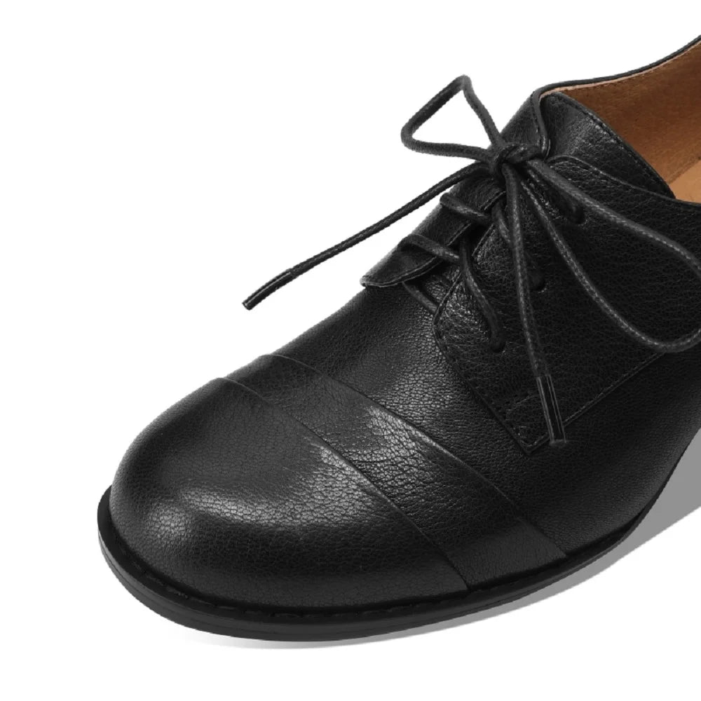 Women's Handmade Genuine Leather lace-up thick high heel oxfords female daily slim dress pumps shoes 33-