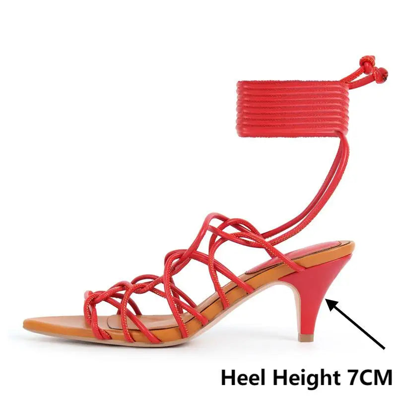 Women Pointed Toe Gladiator Kitten Heel Lace Up Strappy Sandals High Heel Party Heels