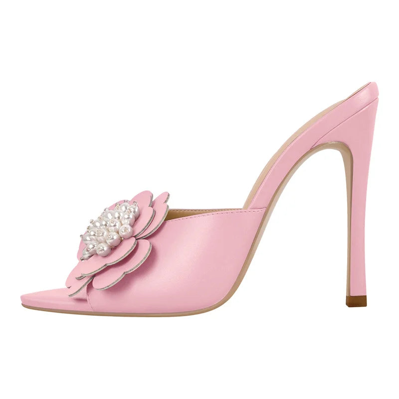 Women Peep Toe Mules Flower Pearl Pointed Toe Big Size Stiletto Mules