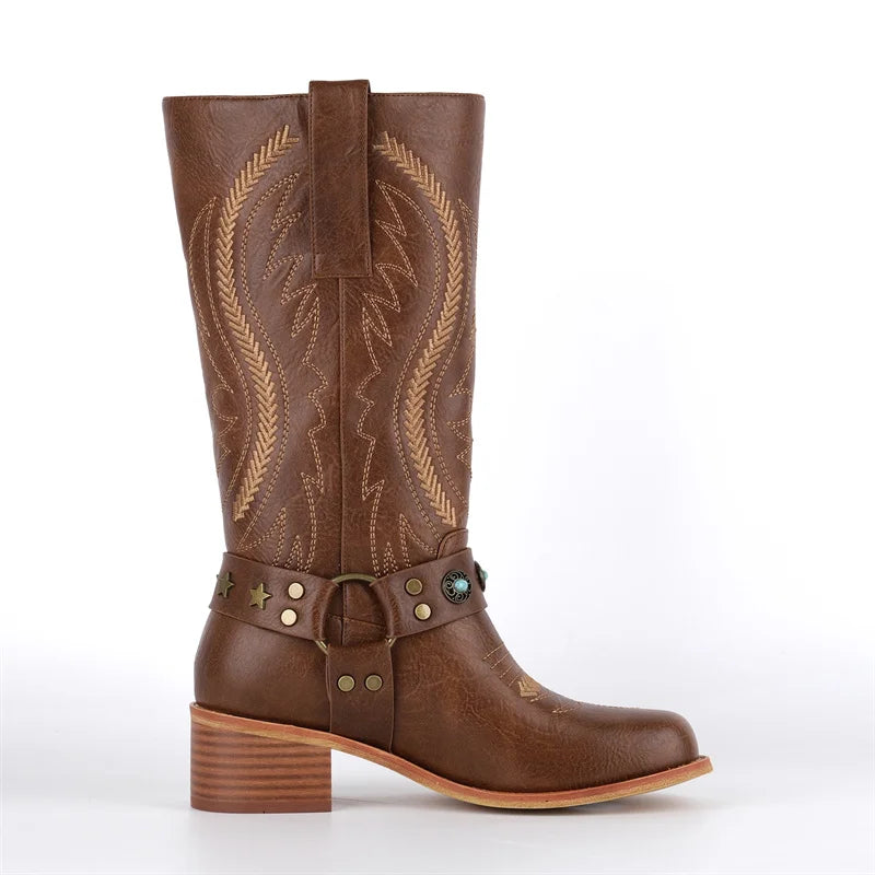 Onlymaker Women Round Toe Floral Western Embroidery Cowgirl Boots Pull On Knee High with Chunky Heel Embroidered Boots